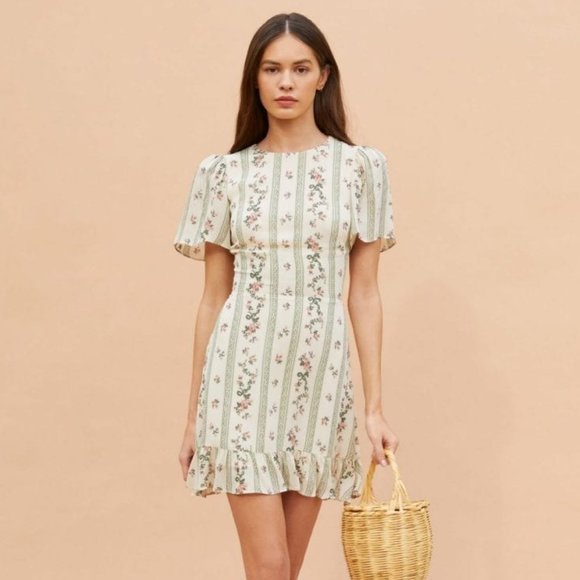 Reformation Beesley Print Mini dress Heath midi lattice floral green US 4 - Picture 1 of 10